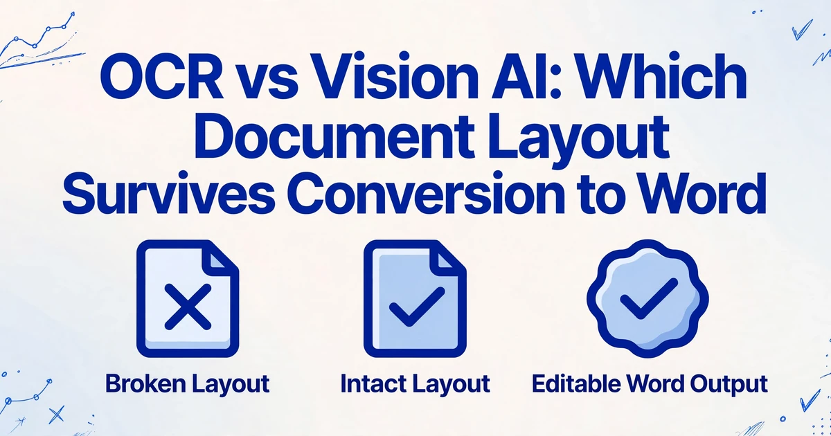 Title comparing OCR and Vision AI for document layout preservation in Word conversion, with icons for broken layout, intact layout, and editable Word output