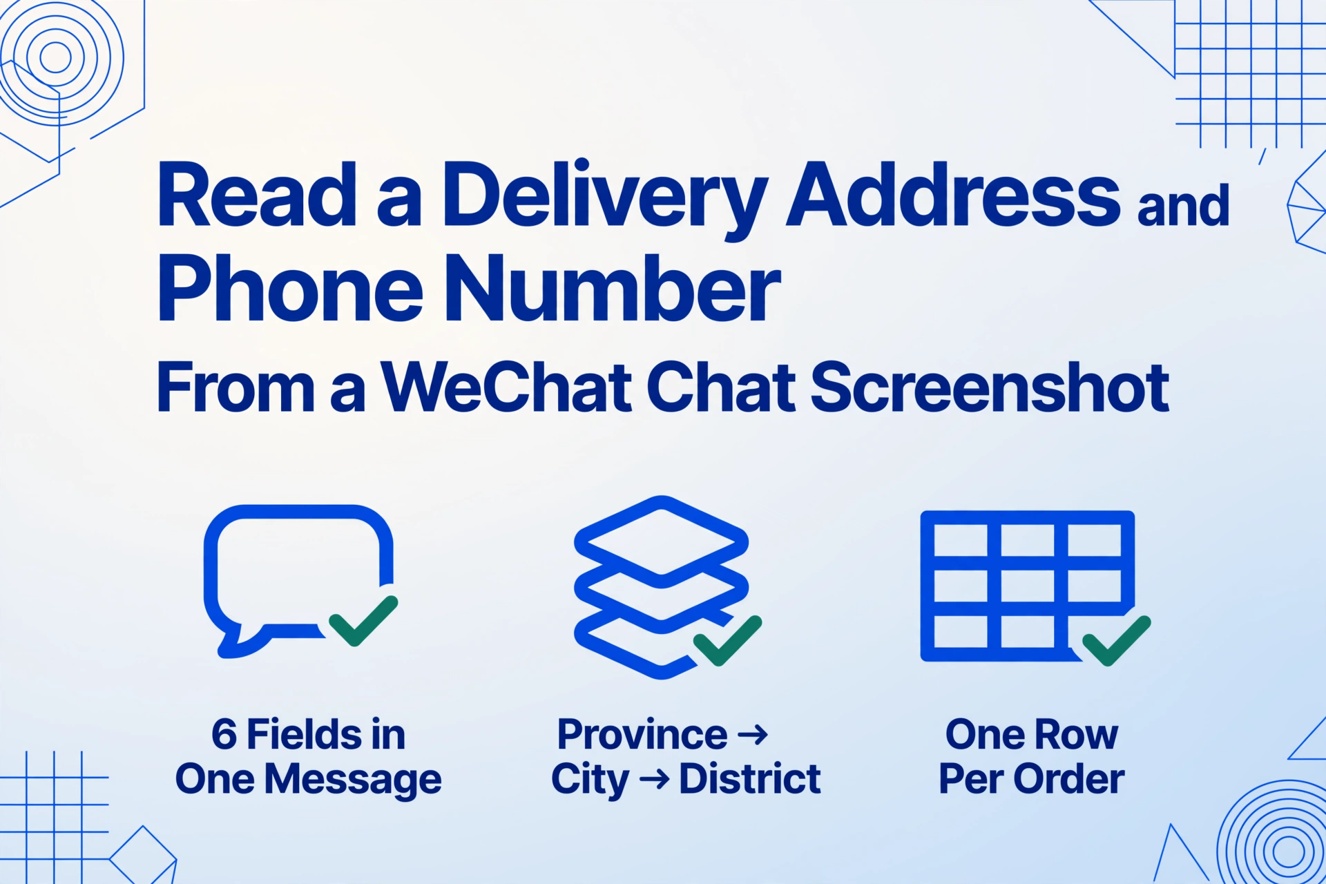 Blog hero image in flat vector style with the title Read a Delivery Address and Phone Number From a WeChat Chat Screenshot above three blue line icons: a chat bubble labelled 6 Fields in One Message, a stacked narrowing hierarchy bar labelled Province → City → District, and a three-column table labelled One Row Per Order.