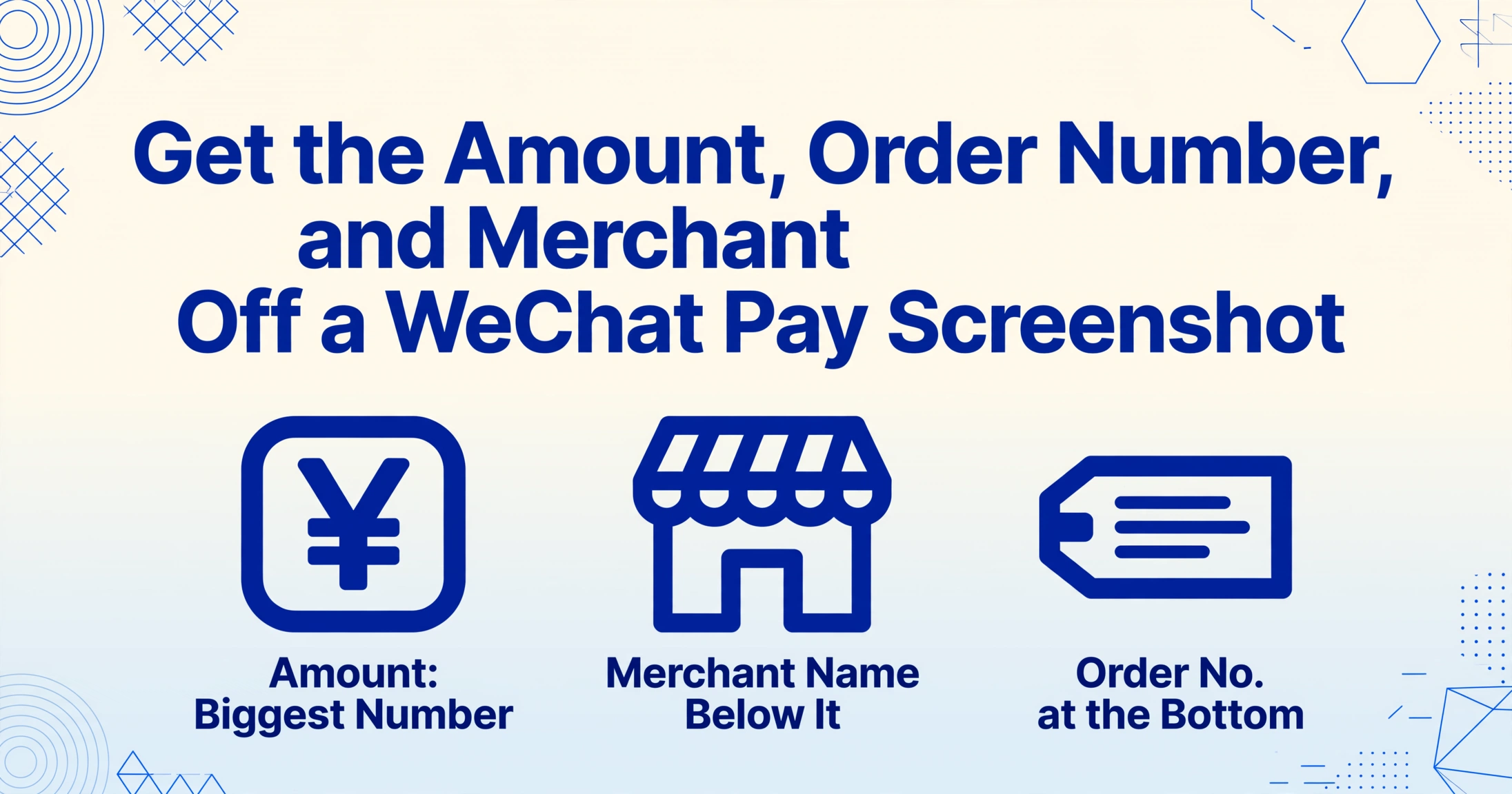 ブログのヒーロー画像。記事タイトルが大きな濃紺の文字で表示され、その下にWeChat Payの取引画面で金額・加盟店名・注文番号の位置を示す3つの太いアイコンが並ぶ