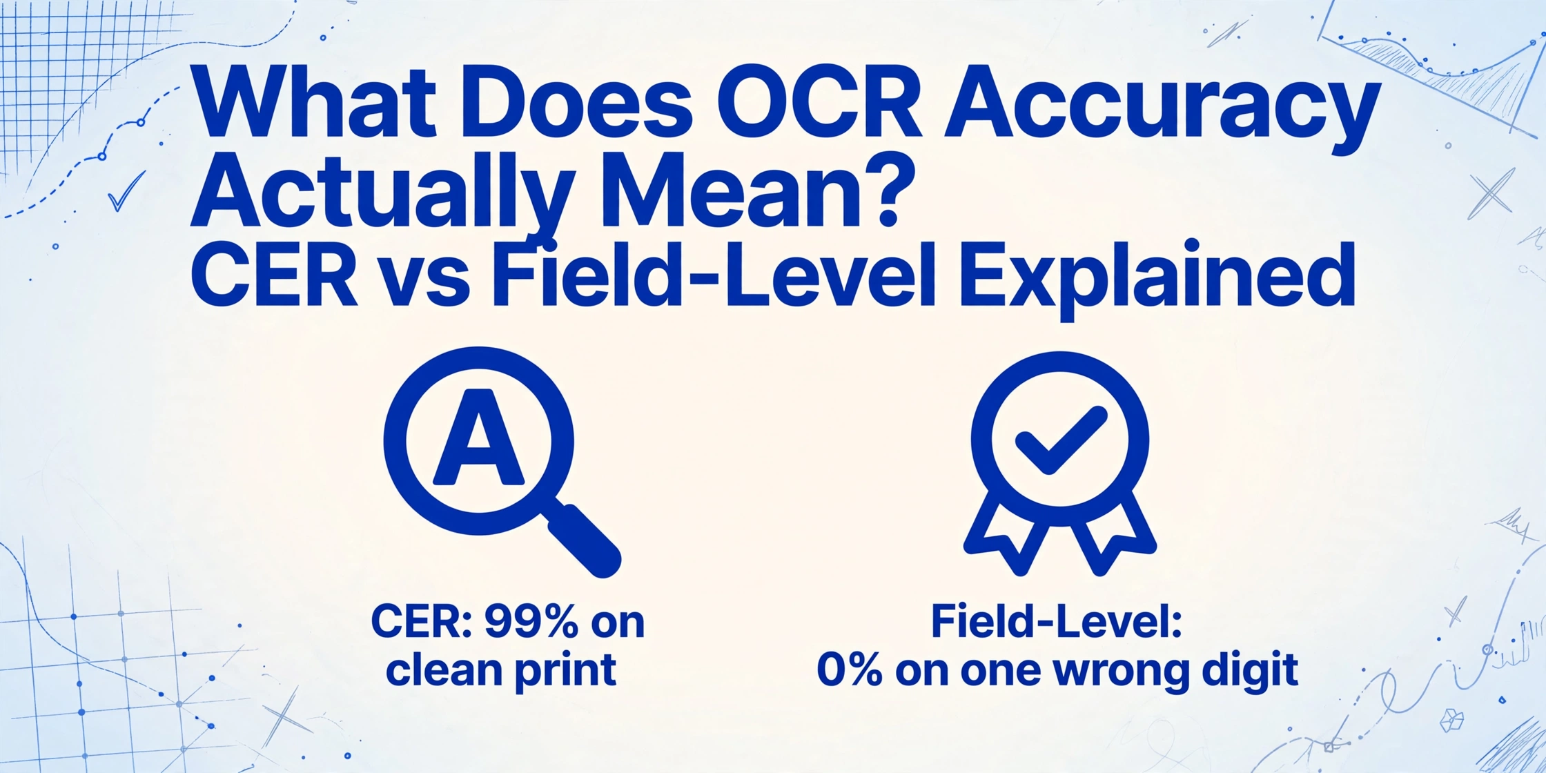 Title comparing CER and field-level accuracy with icons for character-level and field-level metrics