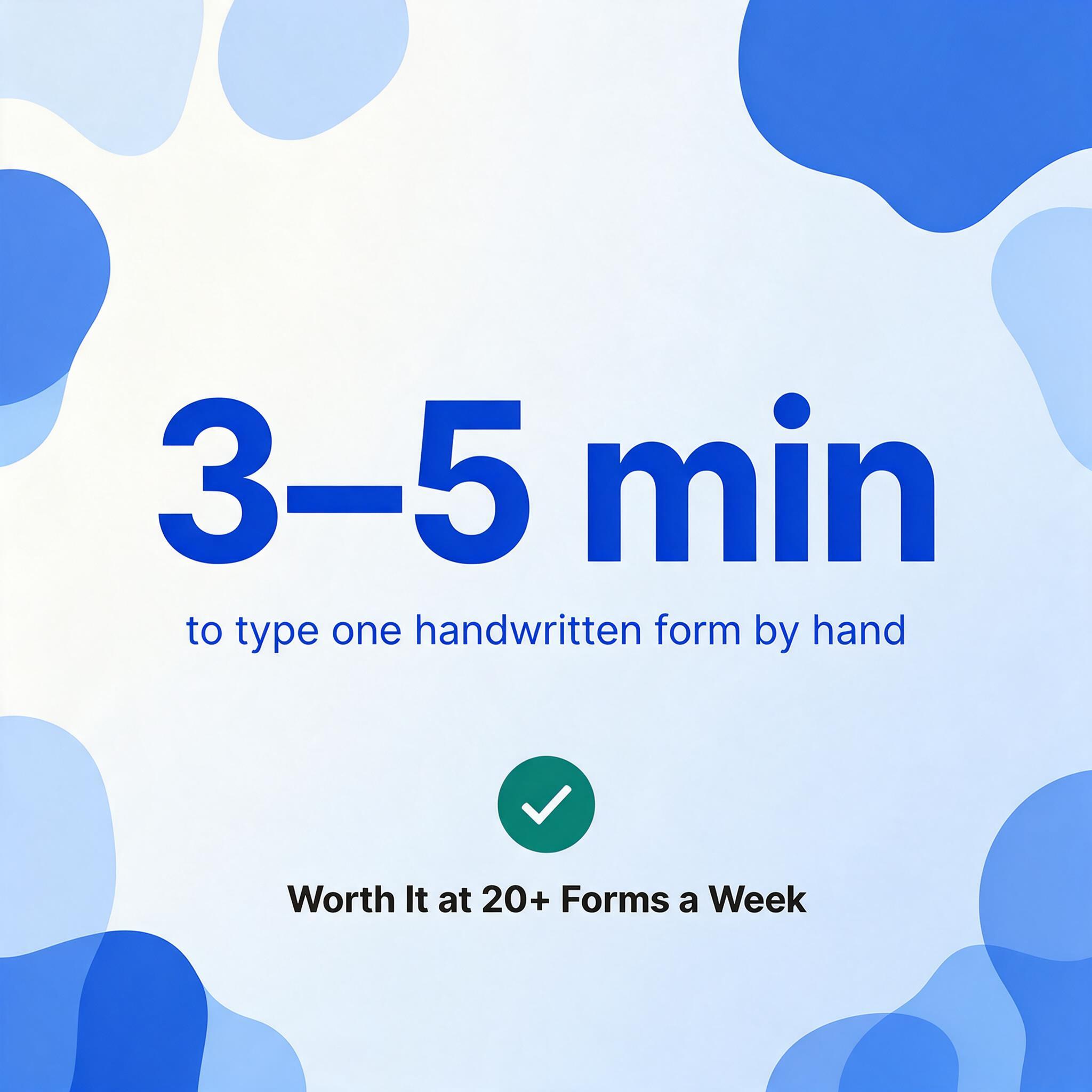 Square data graphic with a very large dark blue figure "3–5 min", a line of smaller text reading "to type one handwritten form by hand", and a teal check badge captioned "Worth It at 20+ Forms a Week".