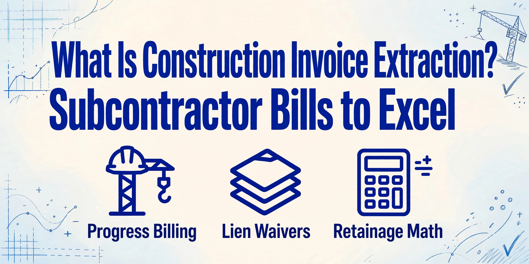 Imagem principal com o título 'O que é Extração de Faturas de Construção? Faturas de Subcontratados para Excel' e três ícones para Faturamento por Progresso, Renúncias de Garantia e Cálculo de Retenção em um fundo degradê azul claro com decorações de tema de construção desenhadas à mão.