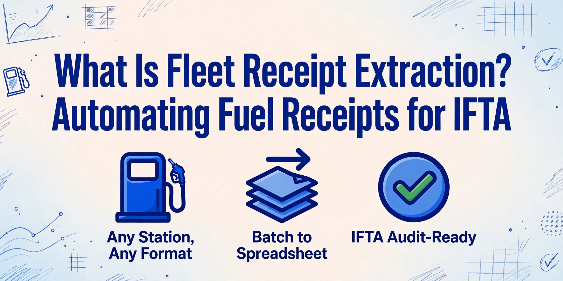 Hero image with title 'What Is Fleet Receipt Extraction? Automating Fuel Receipts for IFTA' and three icons: fuel pump with 'Any Station, Any Format', document stack with 'Batch to Spreadsheet', green checkmark with 'IFTA Audit-Ready', on a light blue gradient background with hand-drawn line decorations.