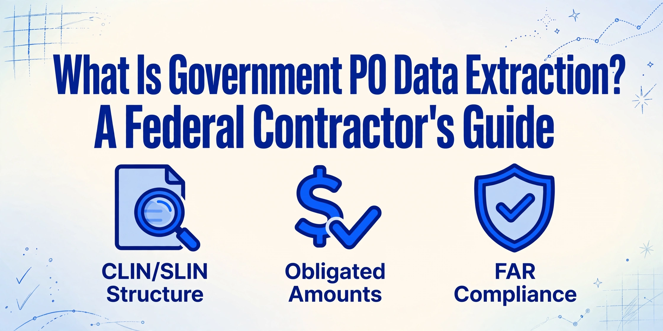 Hero image with title 'What Is Government PO Data Extraction? A Federal Contractor's Guide' and three icons for CLIN/SLIN structure, obligated amounts, and FAR compliance