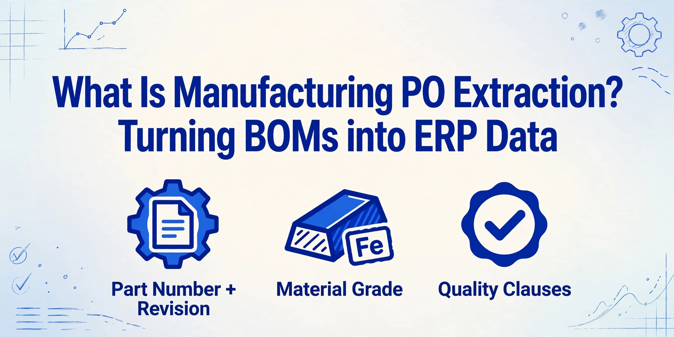 Hero image for article on manufacturing PO extraction, showing title and three icons for part number, material grade, and quality clauses
