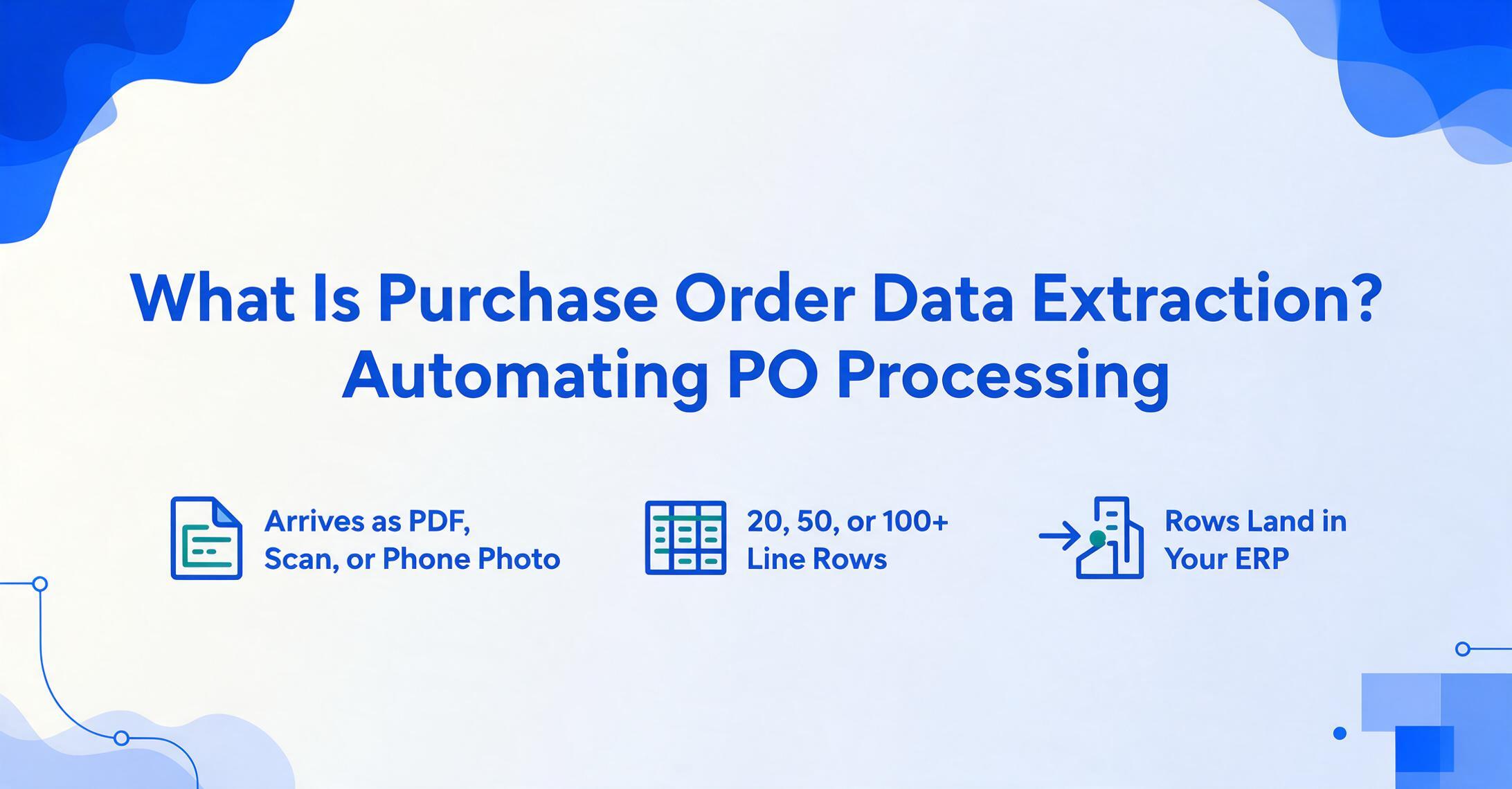 Flat vector blog hero image titled 'What Is Purchase Order Data Extraction? Automating PO Processing' with three icons below the title showing a PDF or scanned document, a 20 to 100+ row line item table, and rows landing in an ERP system.