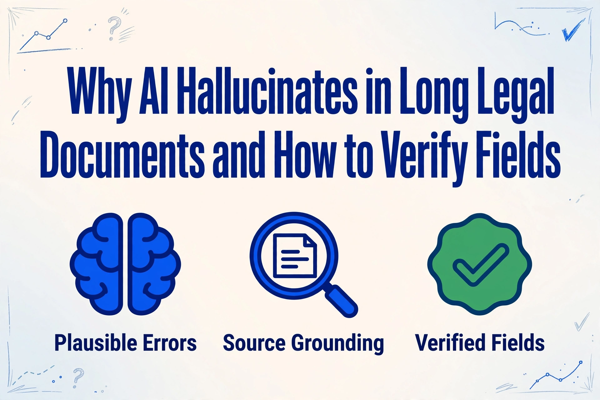 Title text about AI hallucination in legal documents with three icons for plausible errors, source grounding, and verified fields