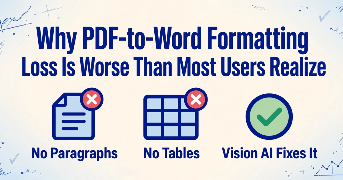 A poster-style illustration with the title 'Why PDF-to-Word Formatting Loss Is Worse Than Most Users Realize' in large dark blue text, below it three icons with labels 'No Paragraphs', 'No Tables', and 'Vision AI Fixes It', with hand-drawn blue line decorations in the corners on a soft gradient background