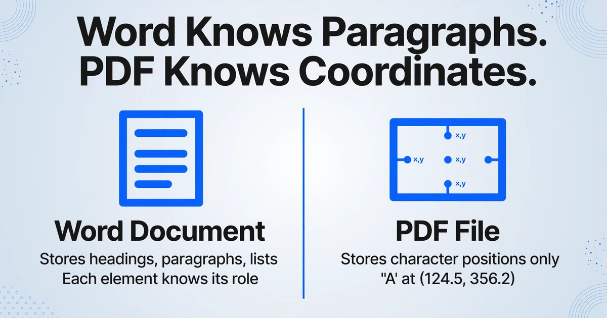 A two-column comparison illustration titled 'Word Knows Paragraphs. PDF Knows Coordinates.' with the left column showing a document hierarchy icon labeled 'Word Document' and the right column showing a coordinate grid icon labeled 'PDF File', on a light gradient background