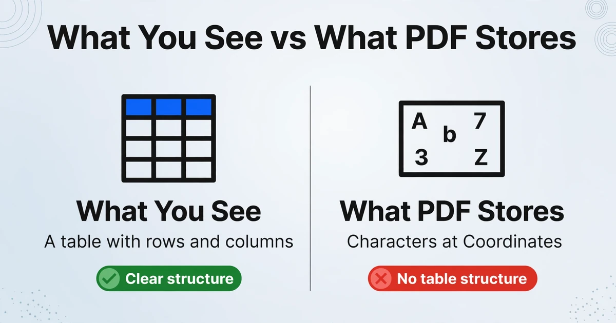 A two-column comparison illustration titled 'What You See vs What PDF Stores' with the left column showing a clean table grid icon labeled 'What You See' with a green checkmark, and the right column showing scattered character dots labeled 'What PDF Stores' with a red cross, on a light gradient background