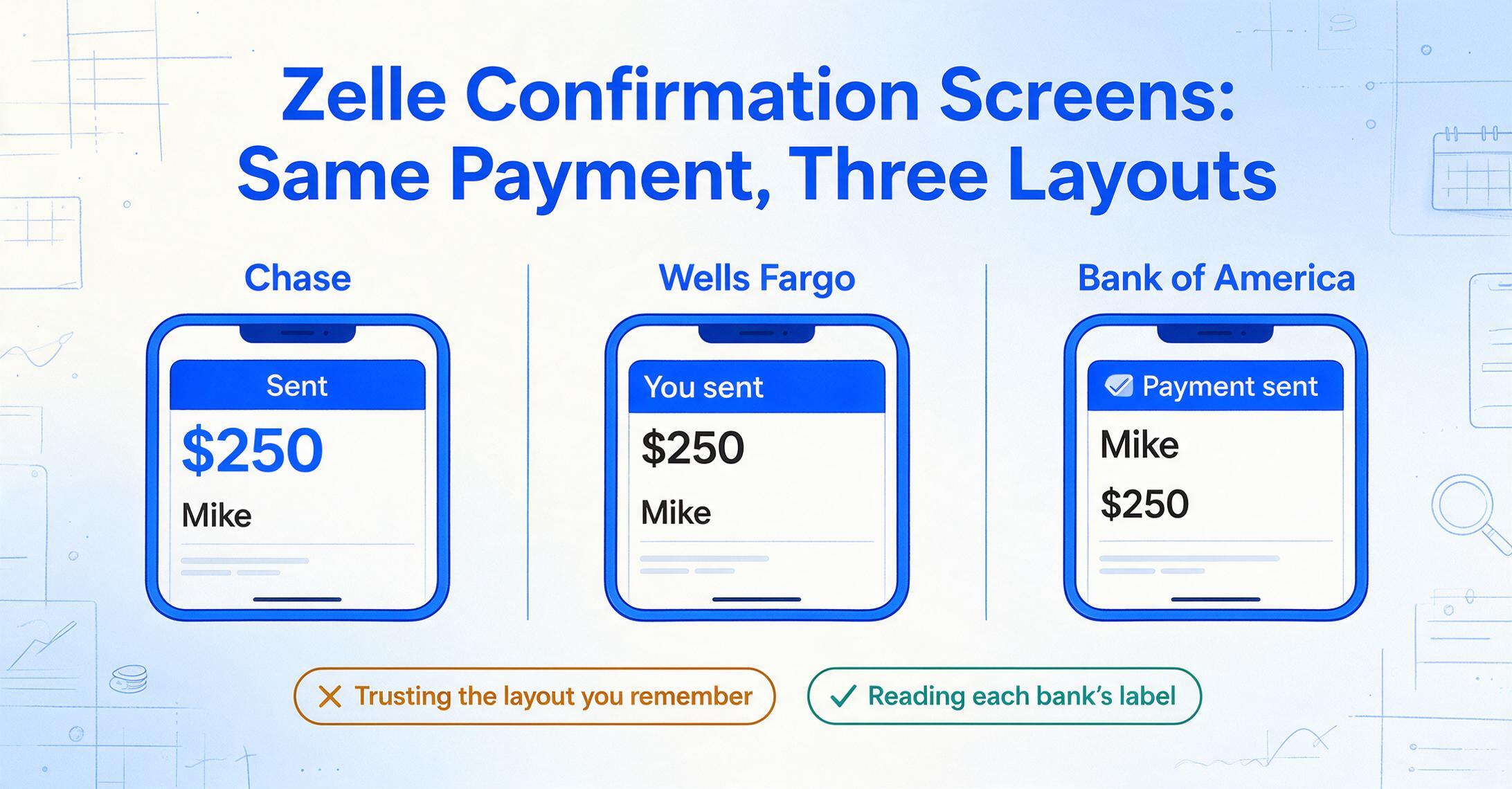Three flat vector phone screens labeled Chase, Wells Fargo and Bank of America showing the same $250 payment to Mike, with the amount, recipient and date rows stacked in different vertical orders, above a verdict strip contrasting 'Trusting the layout you remember' with 'Reading each bank's label'.